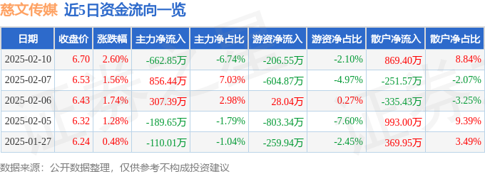 股票行情快报：慈文传媒（002343）2月10日主力资金净卖出66285万元